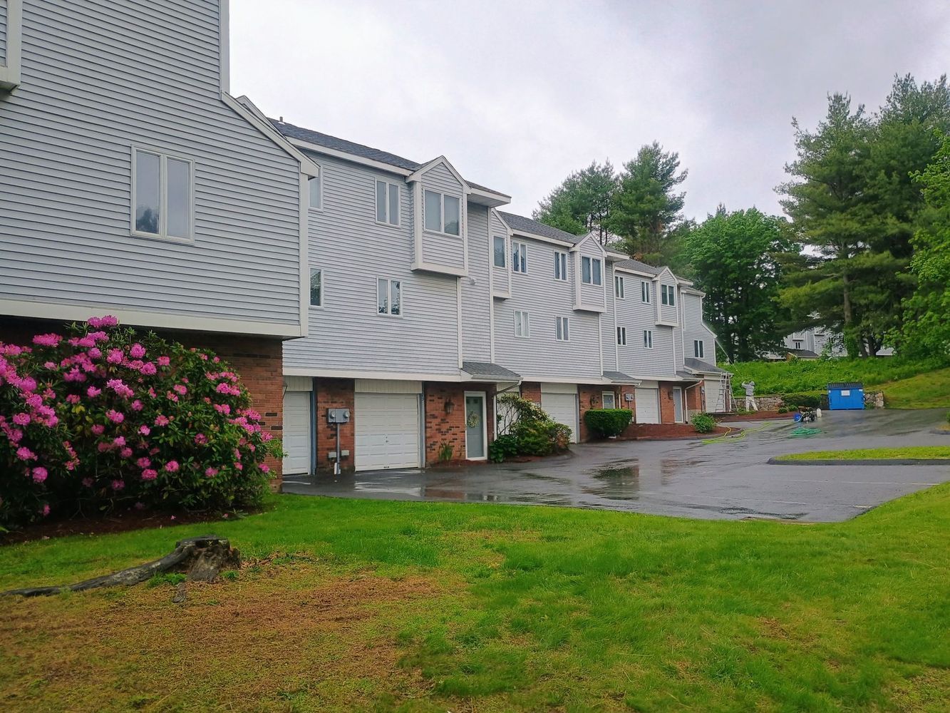 Row of gray townhouses beside a wet parking lot, with green lawn and pink flowering bushes.