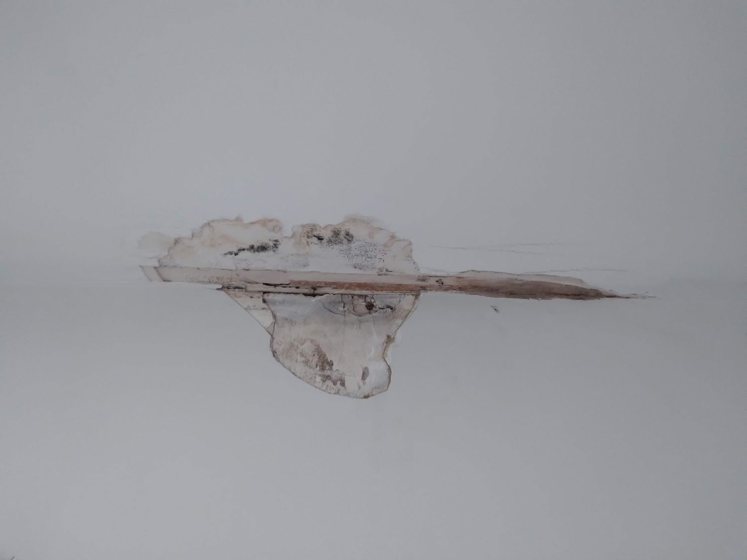 Peeling white wall paint with a horizontal crack and exposed damaged plaster