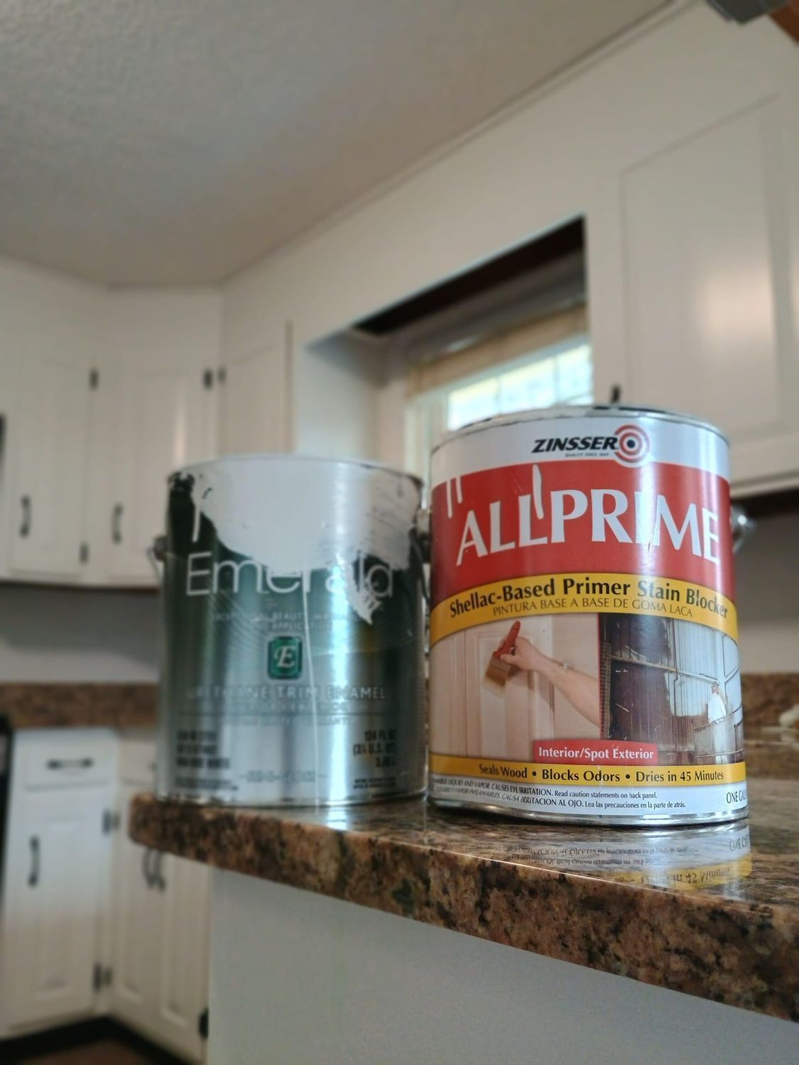 Two paint cans on a kitchen counter, one green and one red-and-yellow.