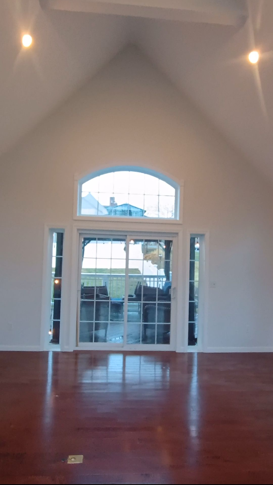 Empty room with dark hardwood floors, white vaulted ceiling, and a large arched windowed door.