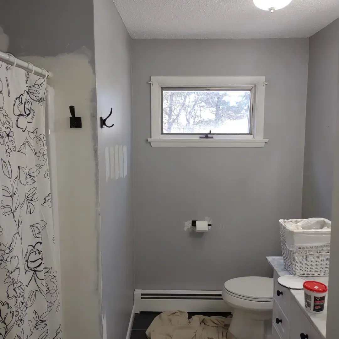 Small gray bathroom with shower curtain, toilet, window, and a laundry basket on a shelf.