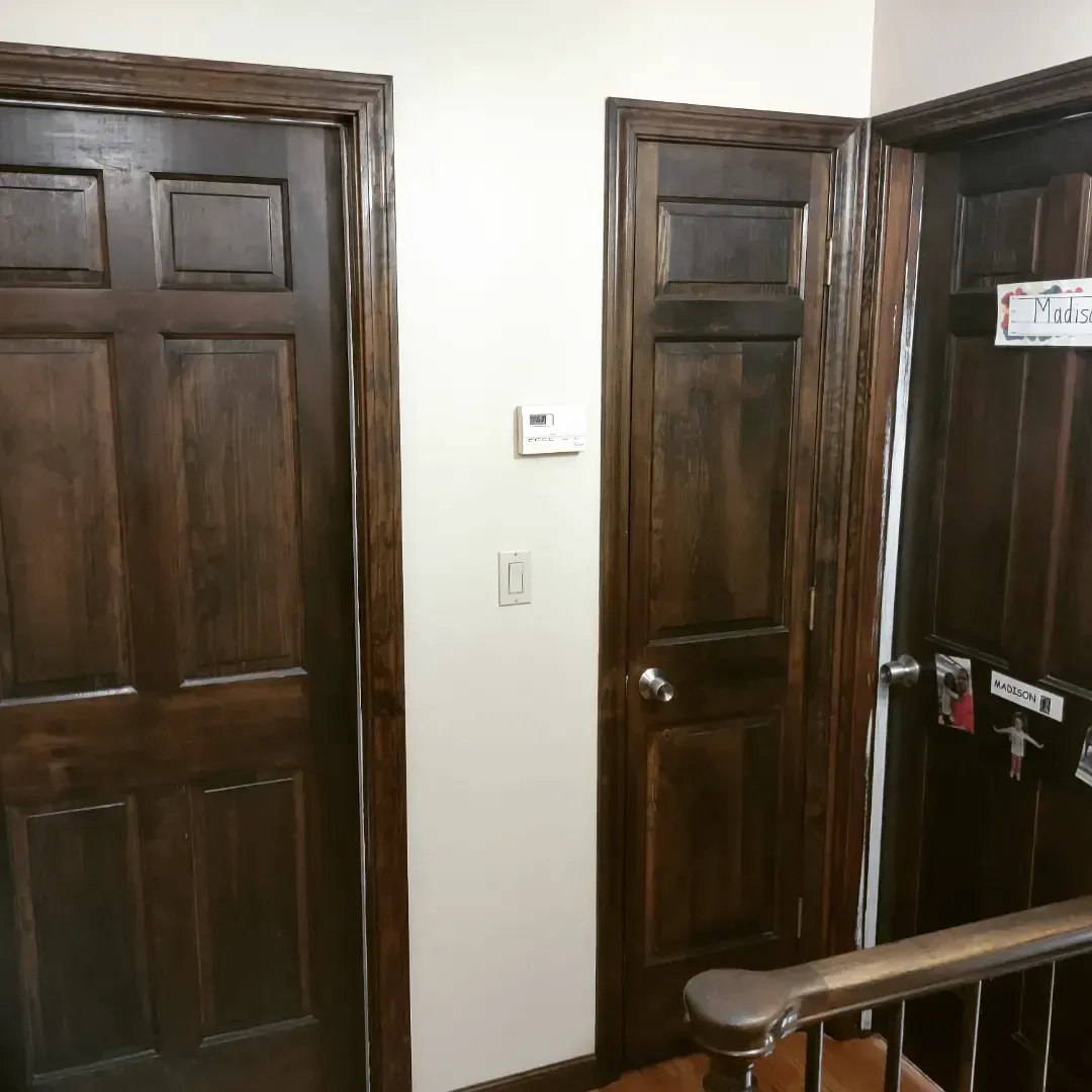 Hallway with dark wooden doors and a stair railing beside a white wall.