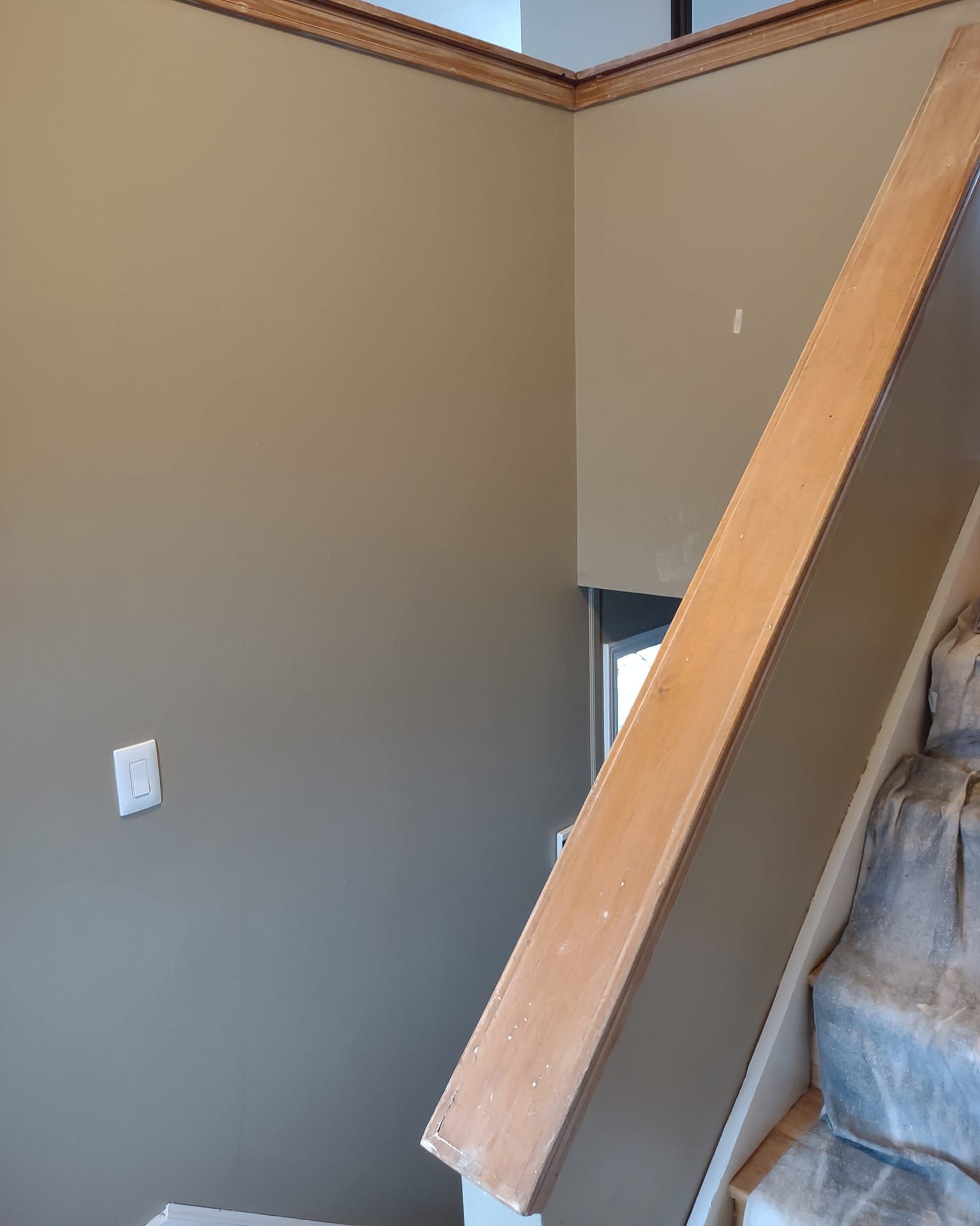 Interior staircase with beige walls, gray carpeted steps, and a wooden handrail.