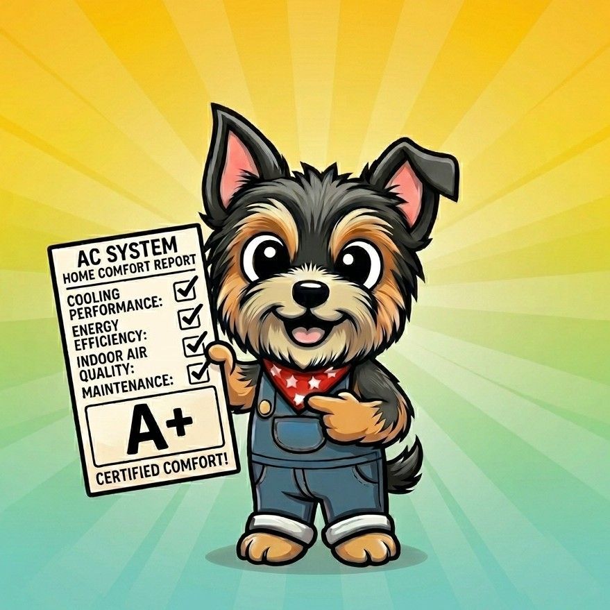Cartoon dog in overalls holding an A+ AC system report, with a bright yellow background.