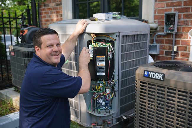 Technician repairing an open HVAC unit beside a York outdoor air conditioner.