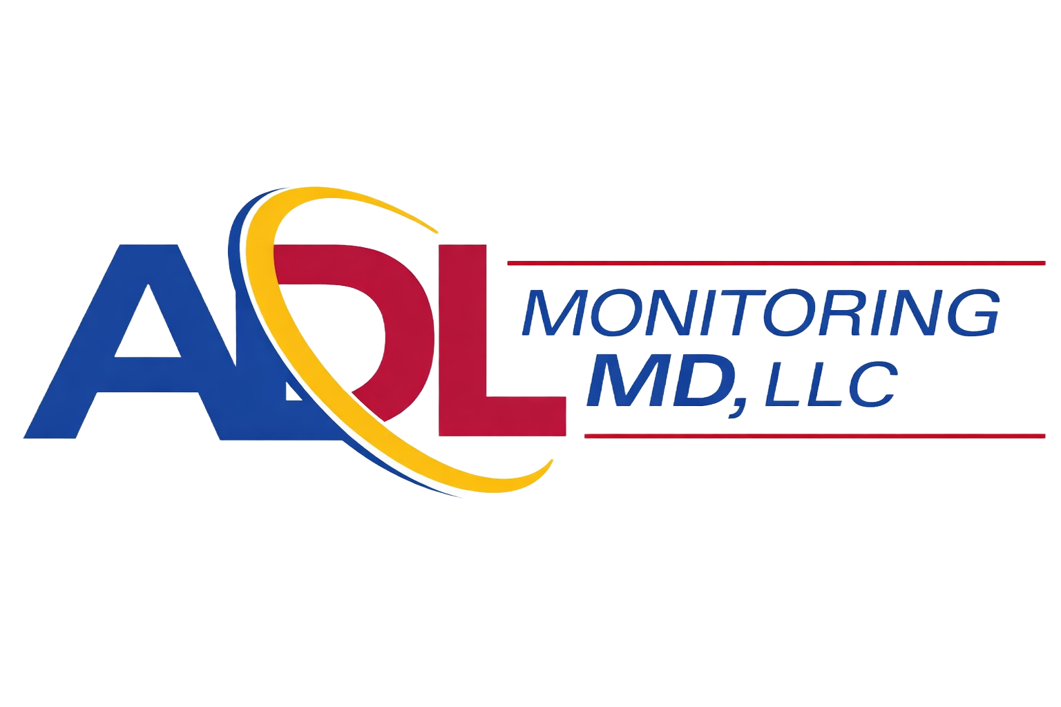 ADL Monitoring MD, LLC logo in blue, red, and gold with swoosh design