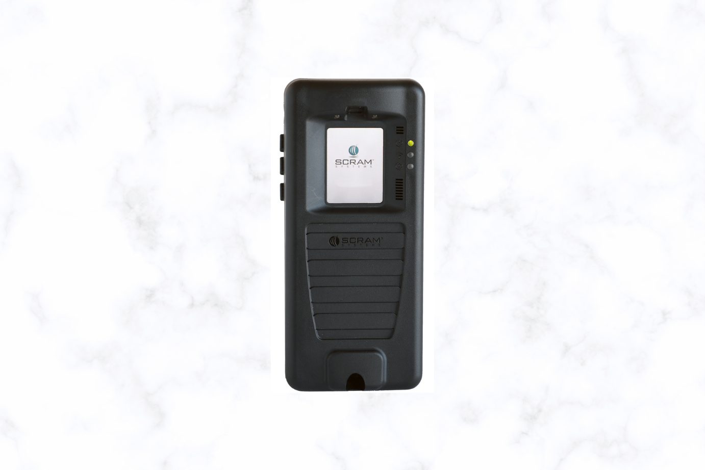 Black handheld wireless device with small display and control buttons, shown front view