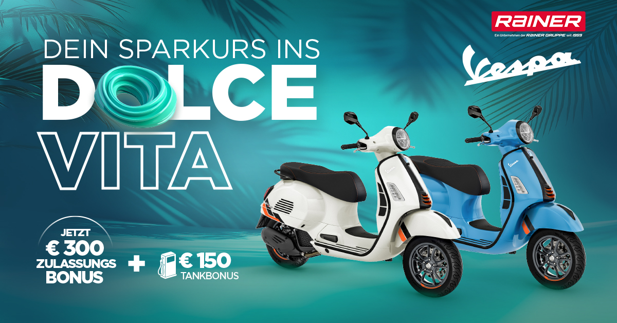 Werbung für „Easy Start“ ,,Zum Vespa Lifestyle mit einer Frau mit Sonnenbrille und Rainer-Logo auf türkisfarbenem Hintergrund