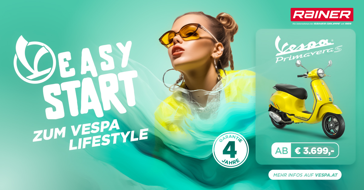 Werbung für „Easy Start“ ,,Zum Vespa Lifestyle mit einer Frau mit Sonnenbrille und Rainer-Logo auf türkisfarbenem Hintergrund