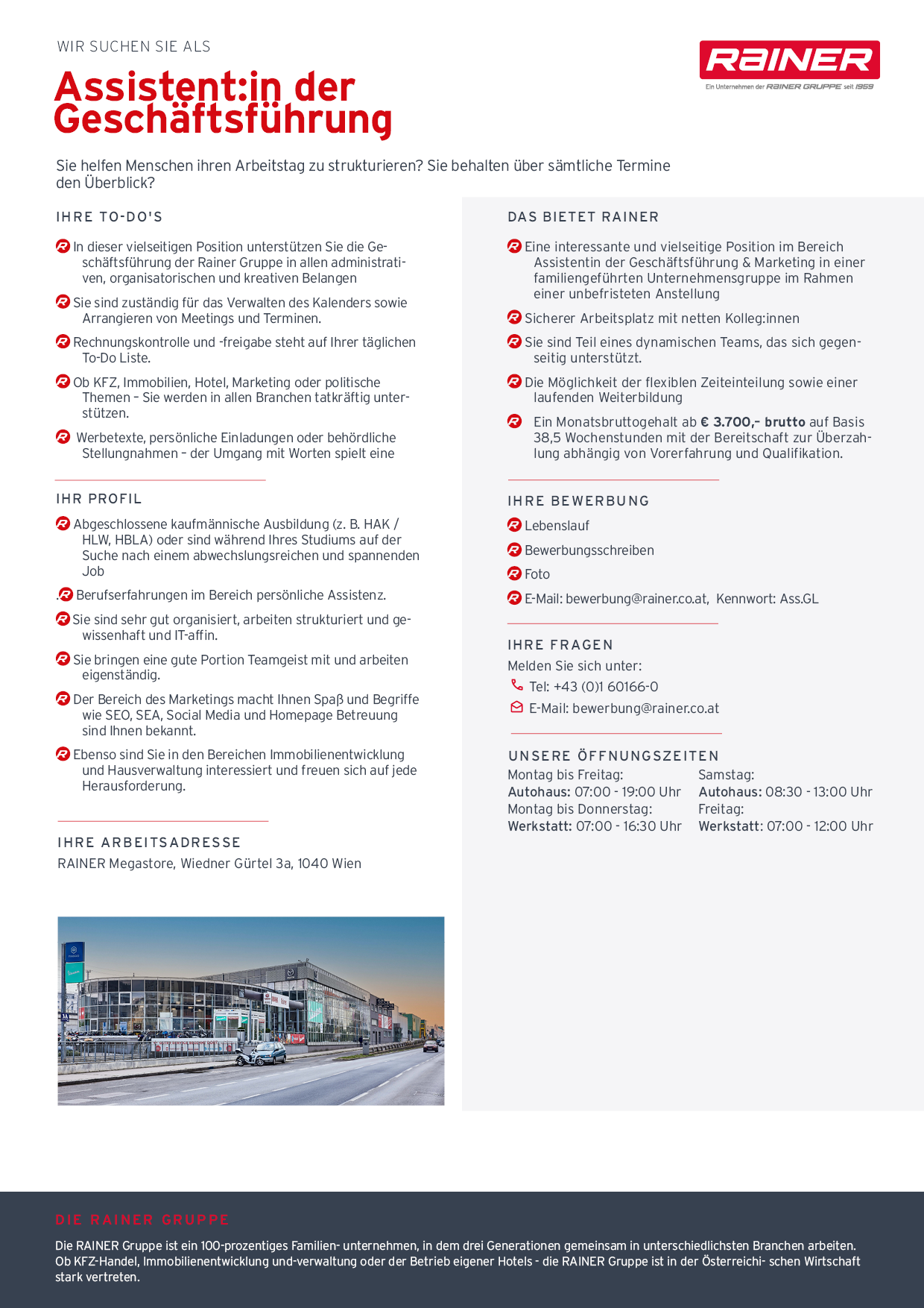 Eine Stellenanzeige für eine Position als Managementassistent/in bei Rainer,