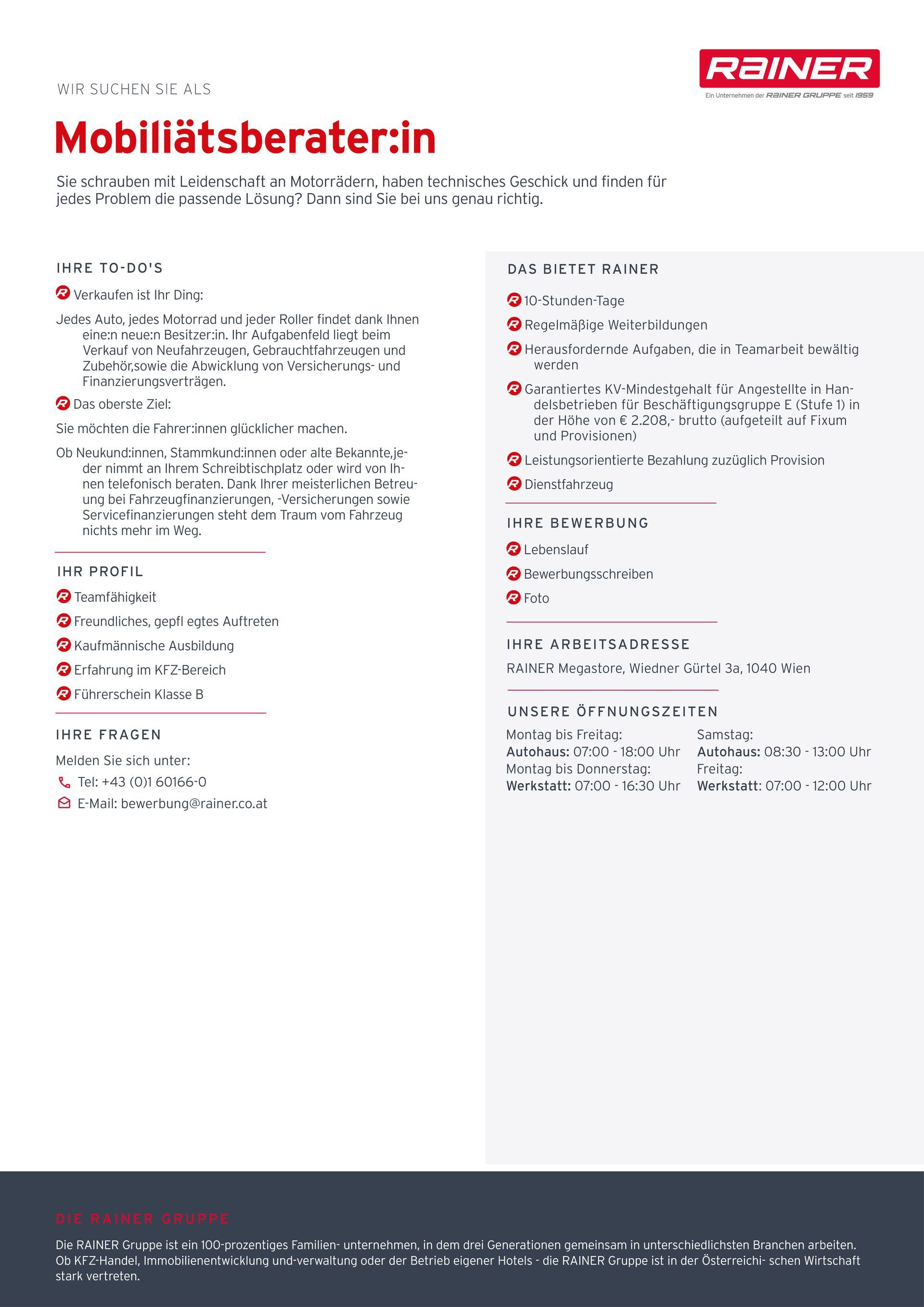 Stellenanzeige für einen Mobilitätsberater bei der Rainer Group in Wien