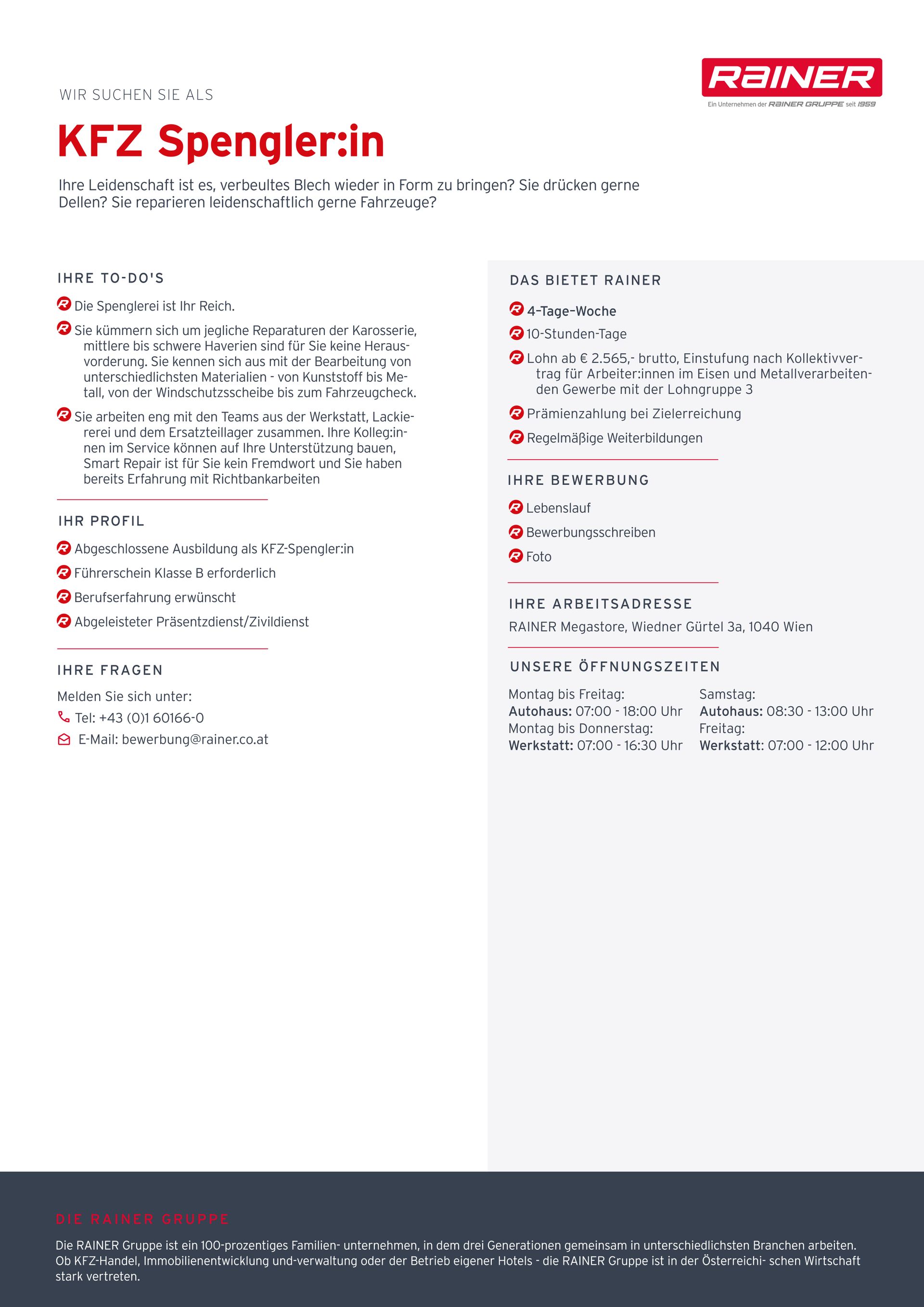 Stellenanzeige für einen Karosseriebauer bei Rainer, mit Textdetails und lächelnden Mitarbeitern im Hintergrund.