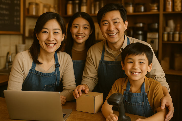 Family of four smiling at the camera in a shop. They are wearing aprons.