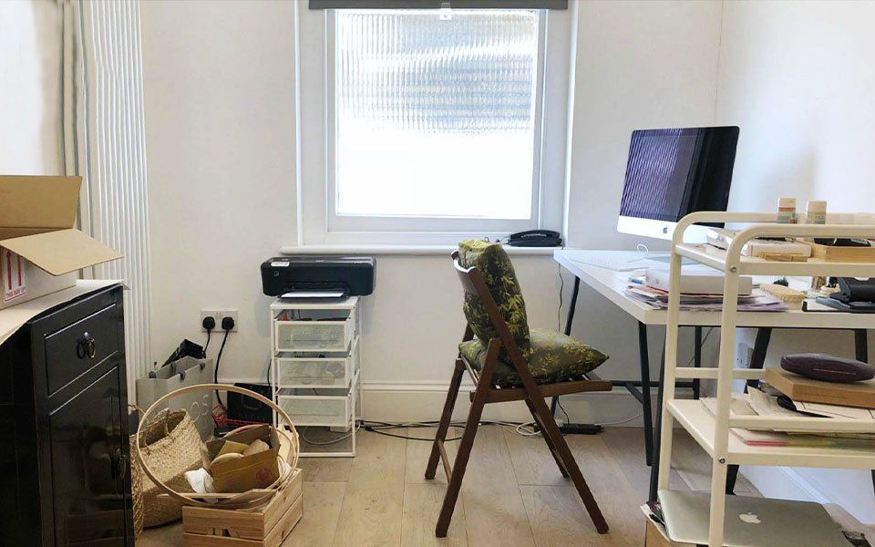 Ugly dark wood home office before remodel