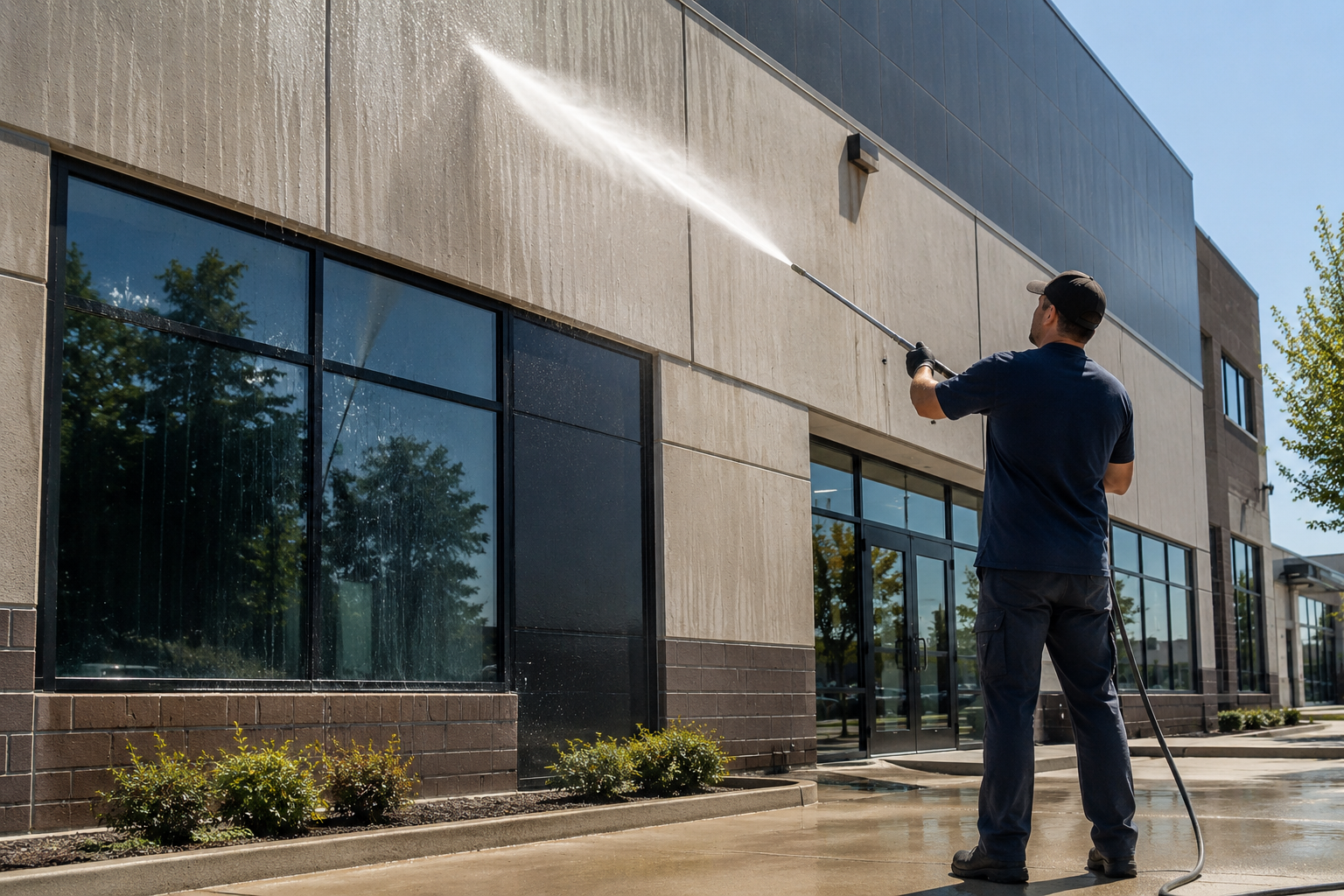 A person is cleaning a wooden deck with a high pressure washer.