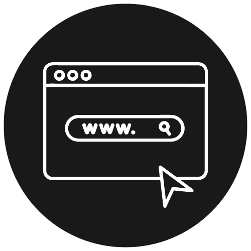 White line icon of a web browser window with search bar and cursor on a black circle background