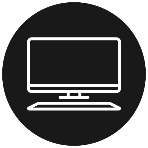 White desktop computer icon on a black circle background