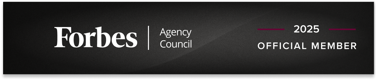 Forbes Agency Council 2025 official member badge on a black banner with white text and a magenta accent line