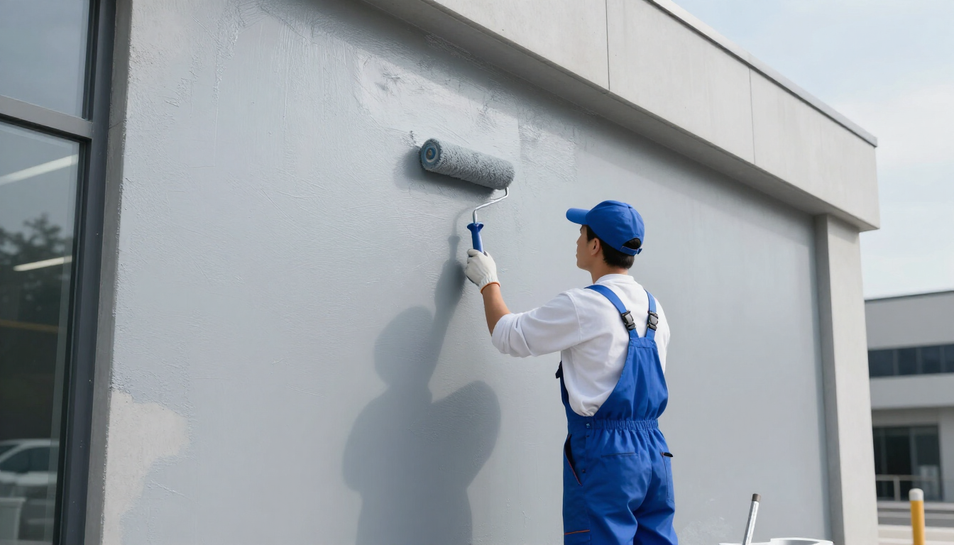 “Painter applying gray paint to a commercial exterior wall with a roller by a painting company in Taylorsville, UT”