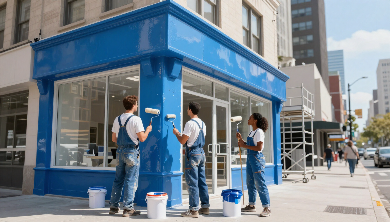 “Crew painting a storefront exterior bright blue on a busy street for a painting company in Taylorsville, UT”