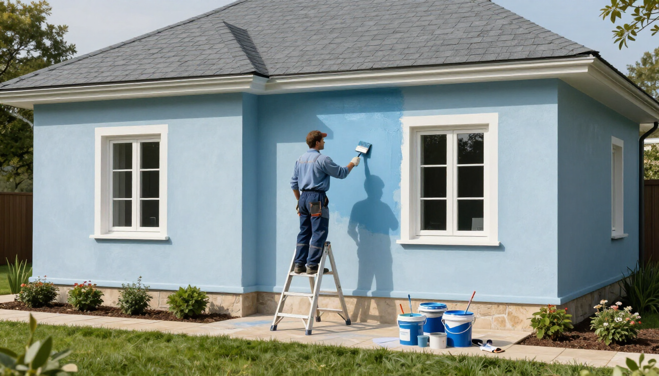“Painter on a ladder applying blue paint to a home exterior near white-trimmed windows for a painting company in Taylorsville, UT”