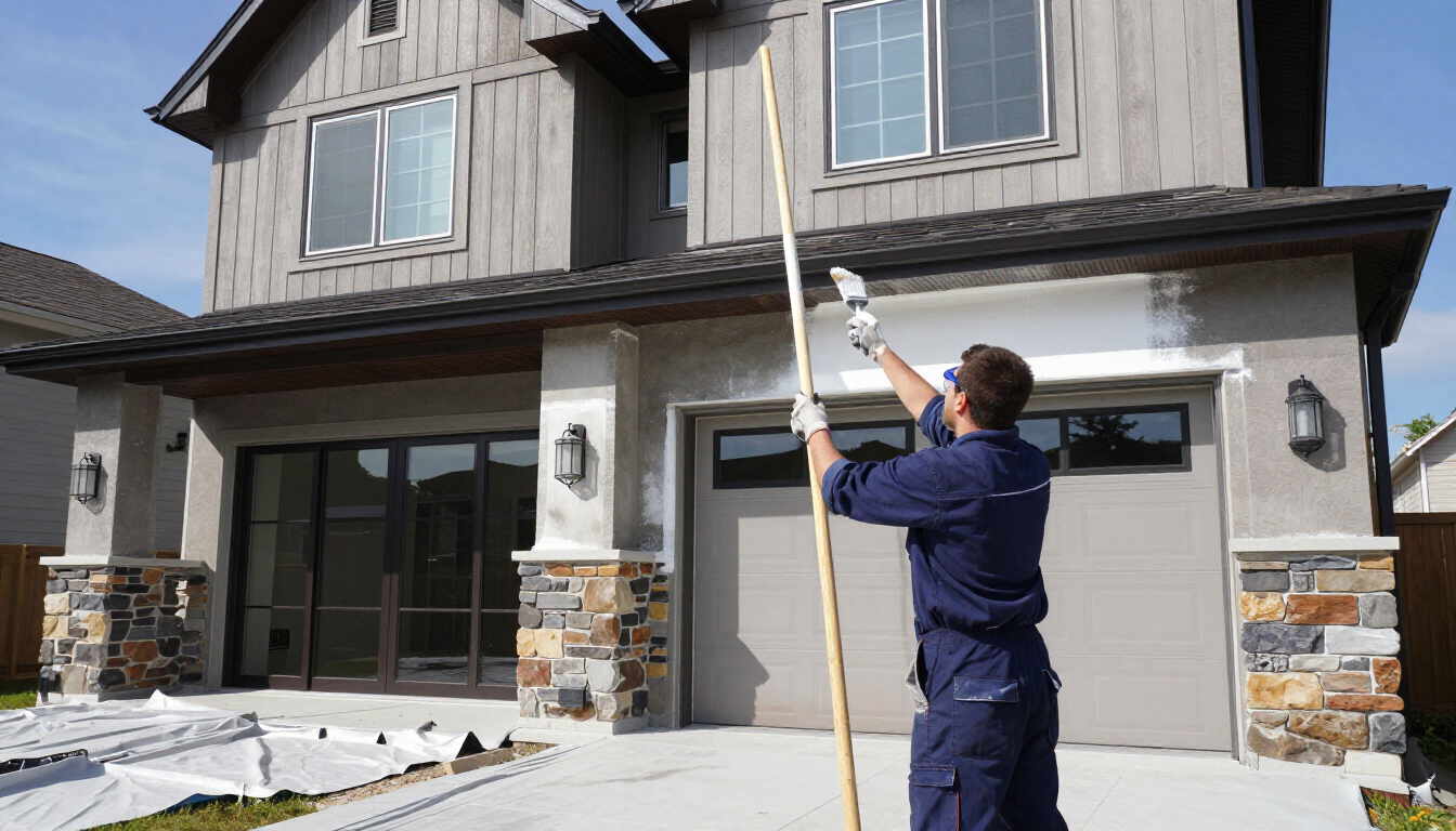 “Painter using a long roller to coat the upper exterior wall of a two-story home by a painting company in Taylorsville, UT”