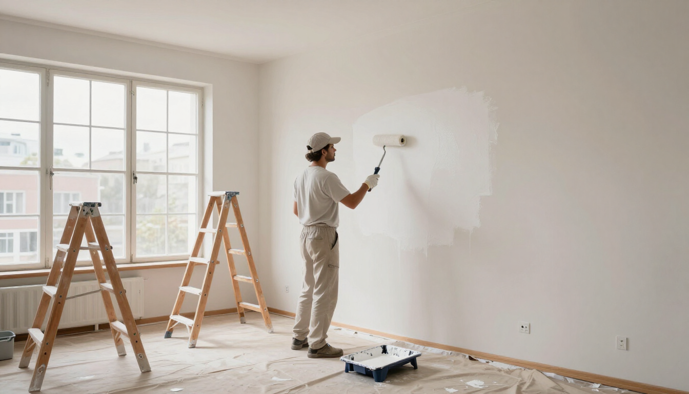 “Painter applying fresh white paint inside a bright room with ladders and floor protection by a painting company in Taylorsville, UT”