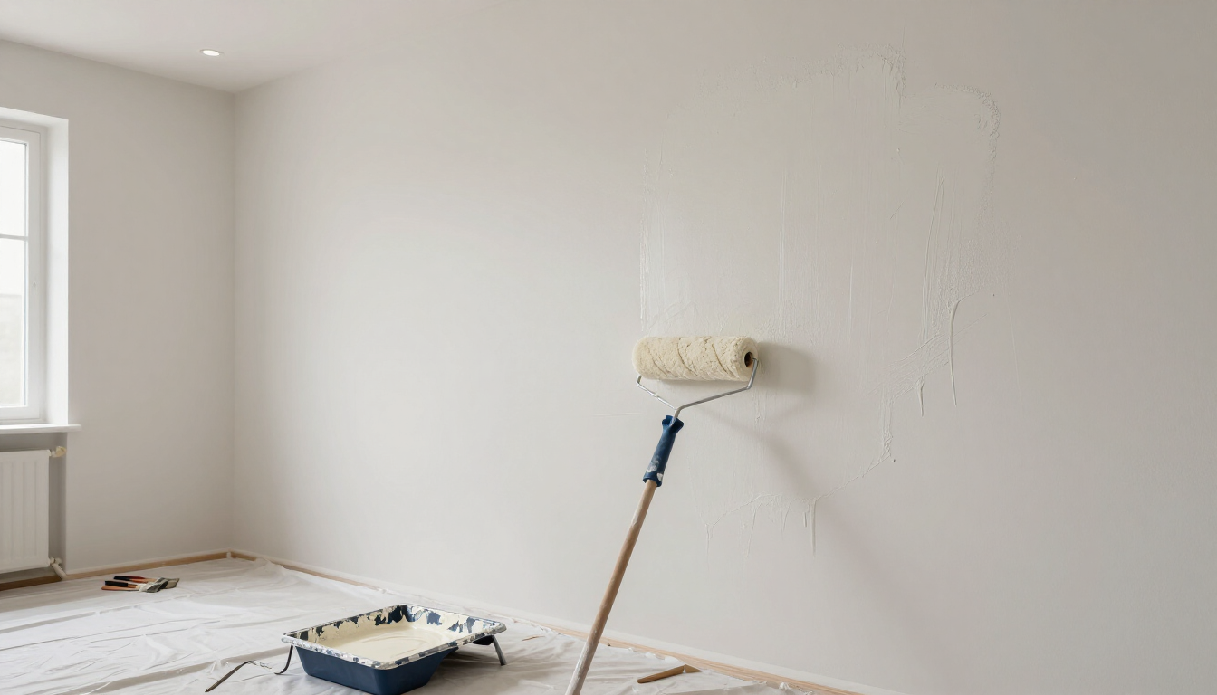 “Paint roller coating a plain interior wall with fresh white paint for a painting company in Taylorsville, UT”