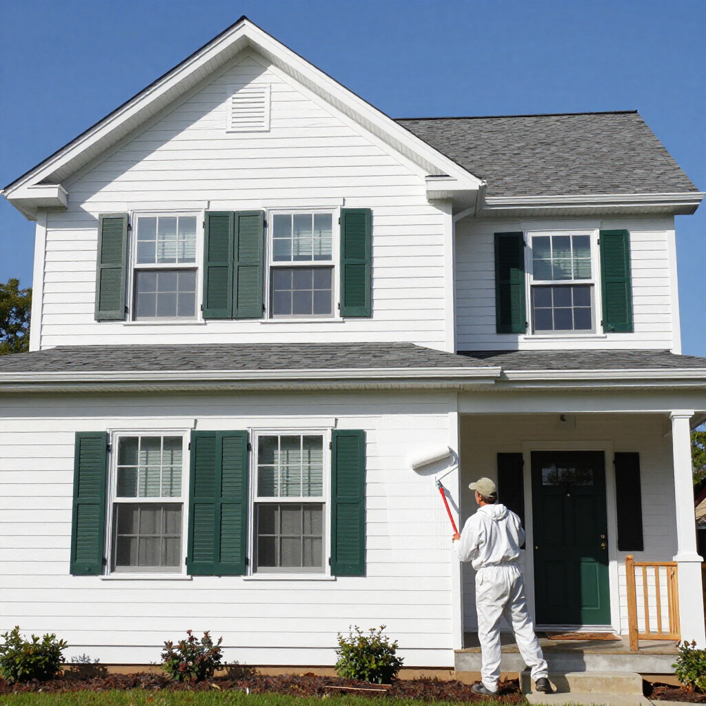 “Clean white home exterior with dark shutters and fresh siding finish by a painting company in Taylorsville, UT”