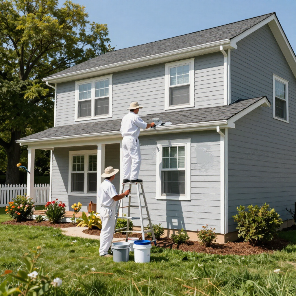“Painter working from a ladder to refresh gray house siding and trim by a painting company in Taylorsville, UT”