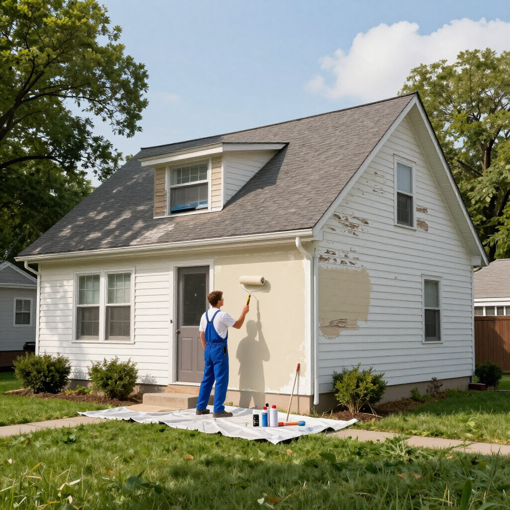 “Painter applying fresh paint to the front of a white house near the porch and windows by a painting company in Taylorsville, UT”