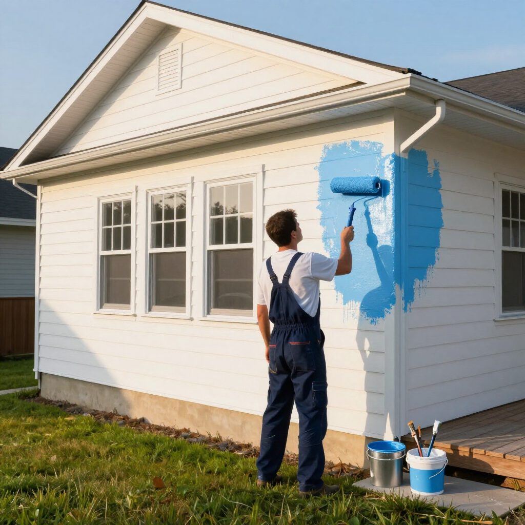 “Painter rolling bright blue paint onto white exterior siding for a painting company in Taylorsville, UT”