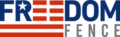 Logo for Freedom Fence, featuring the word "FREEDOM" in blue with an American flag design, and "FENCE" below in gray.