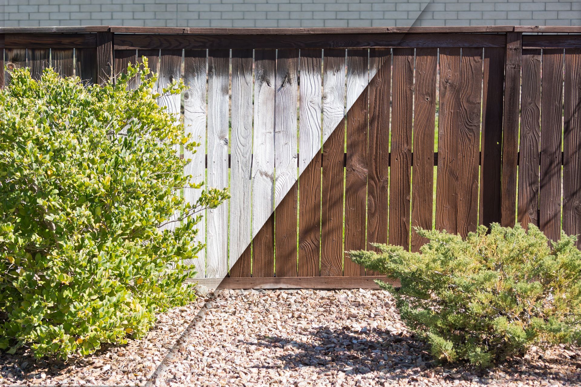 A before and after picture of a wooden fence.