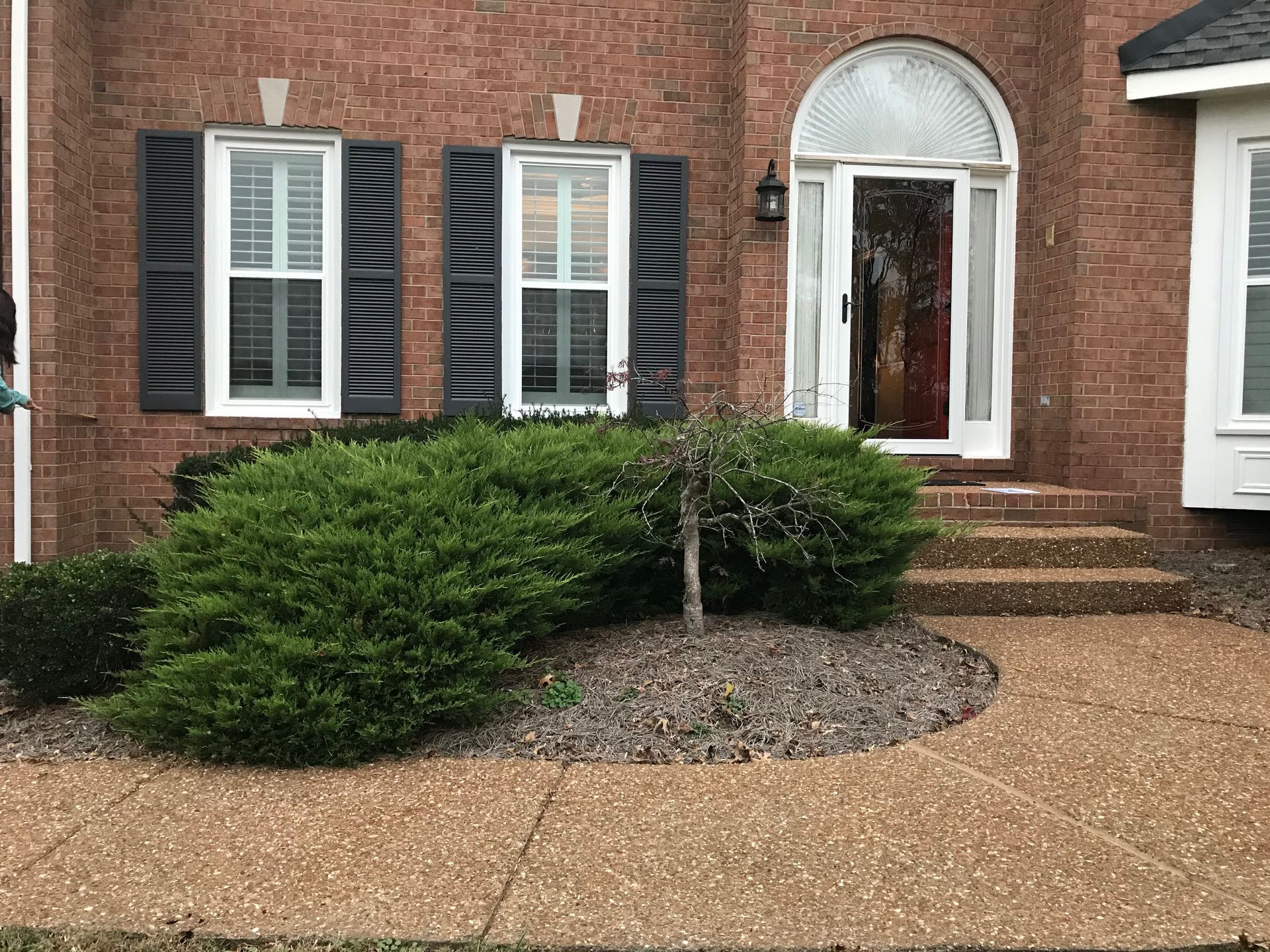Brick house front with black shutters, white door, bushes, and a wet driveway.