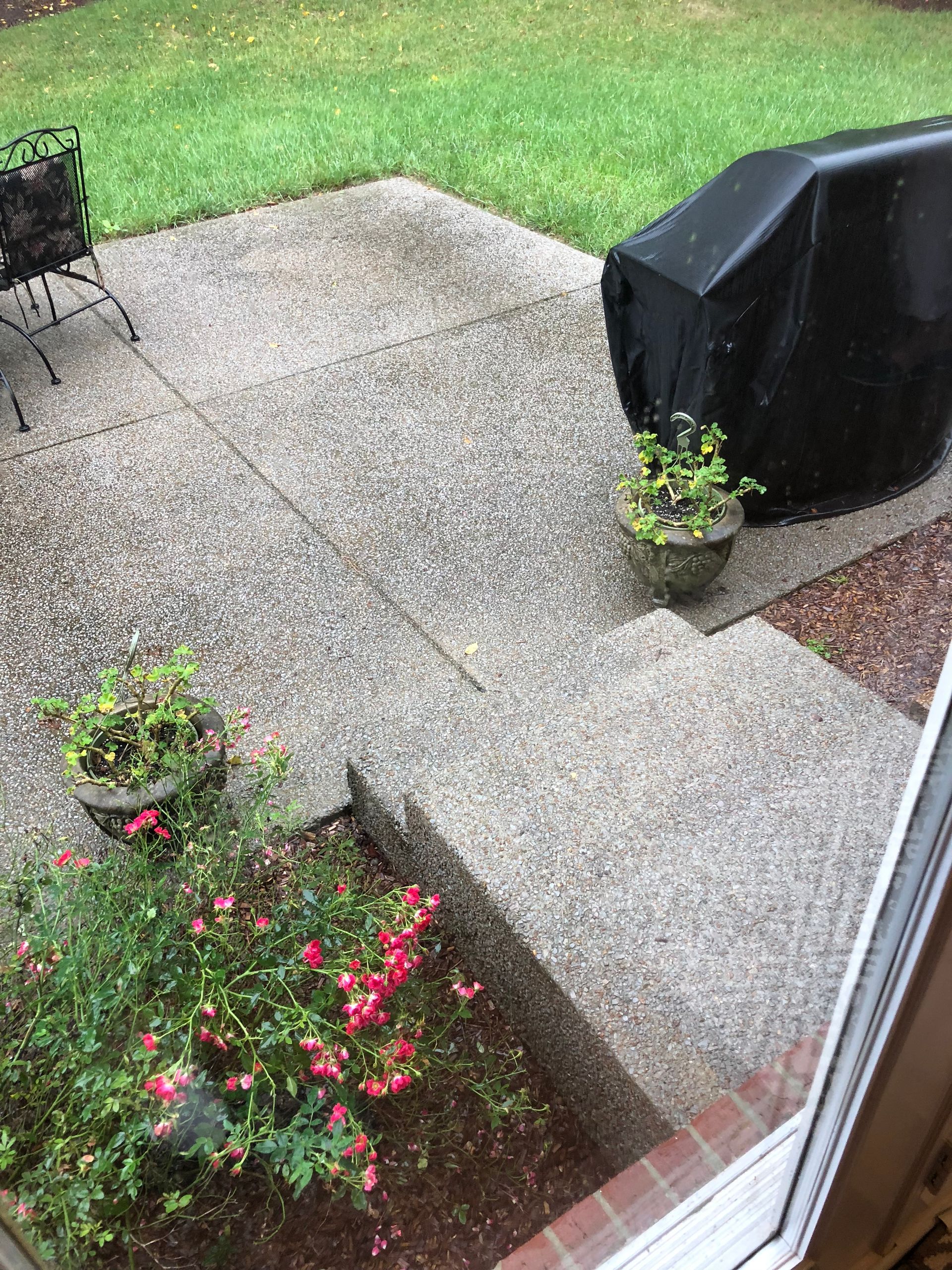Rainy patio with concrete slabs, a covered grill, and flower beds by a window.