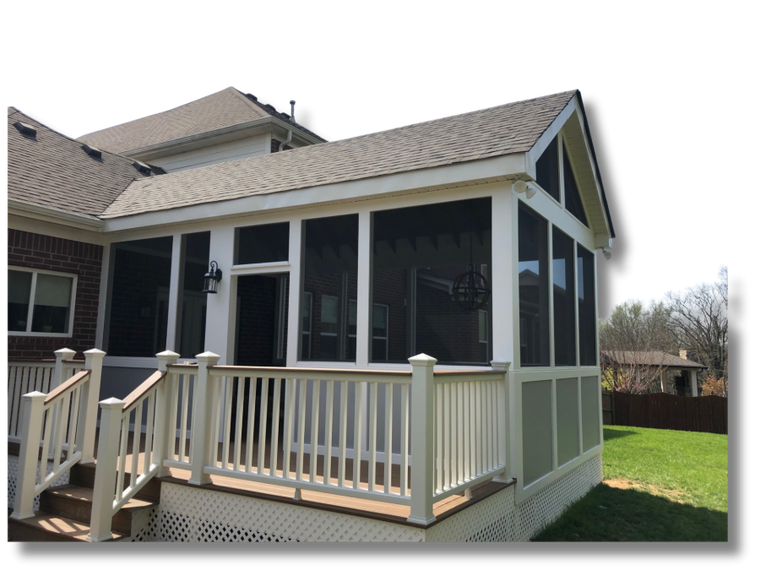 Screened porch attached to a house with white railing and green siding, viewed from the yard