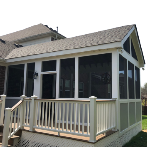Screened-in porch with white railing and beige siding on a house