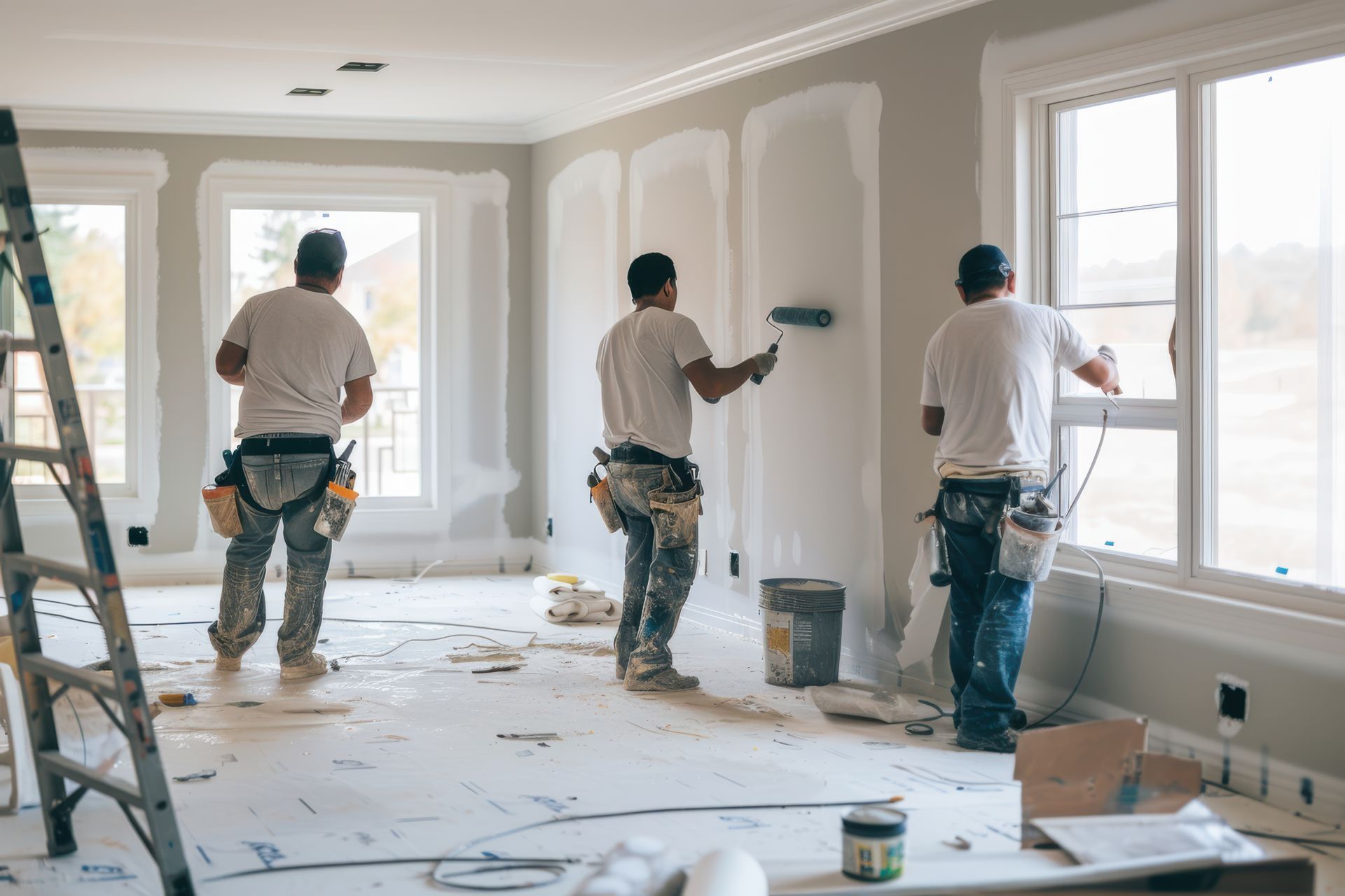 three man in white shirt painting the walls.