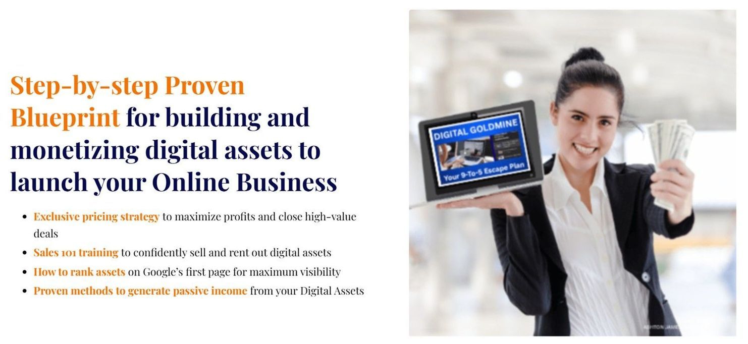 Woman holding a laptop and cash, with text about building and monetizing digital assets to launch an online business.