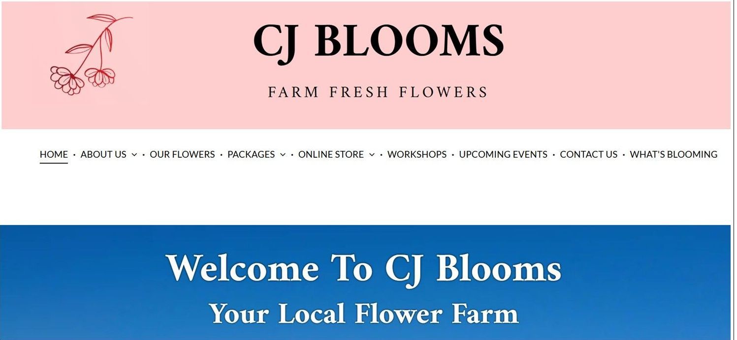 CJ Blooms website header with logo and welcome message.