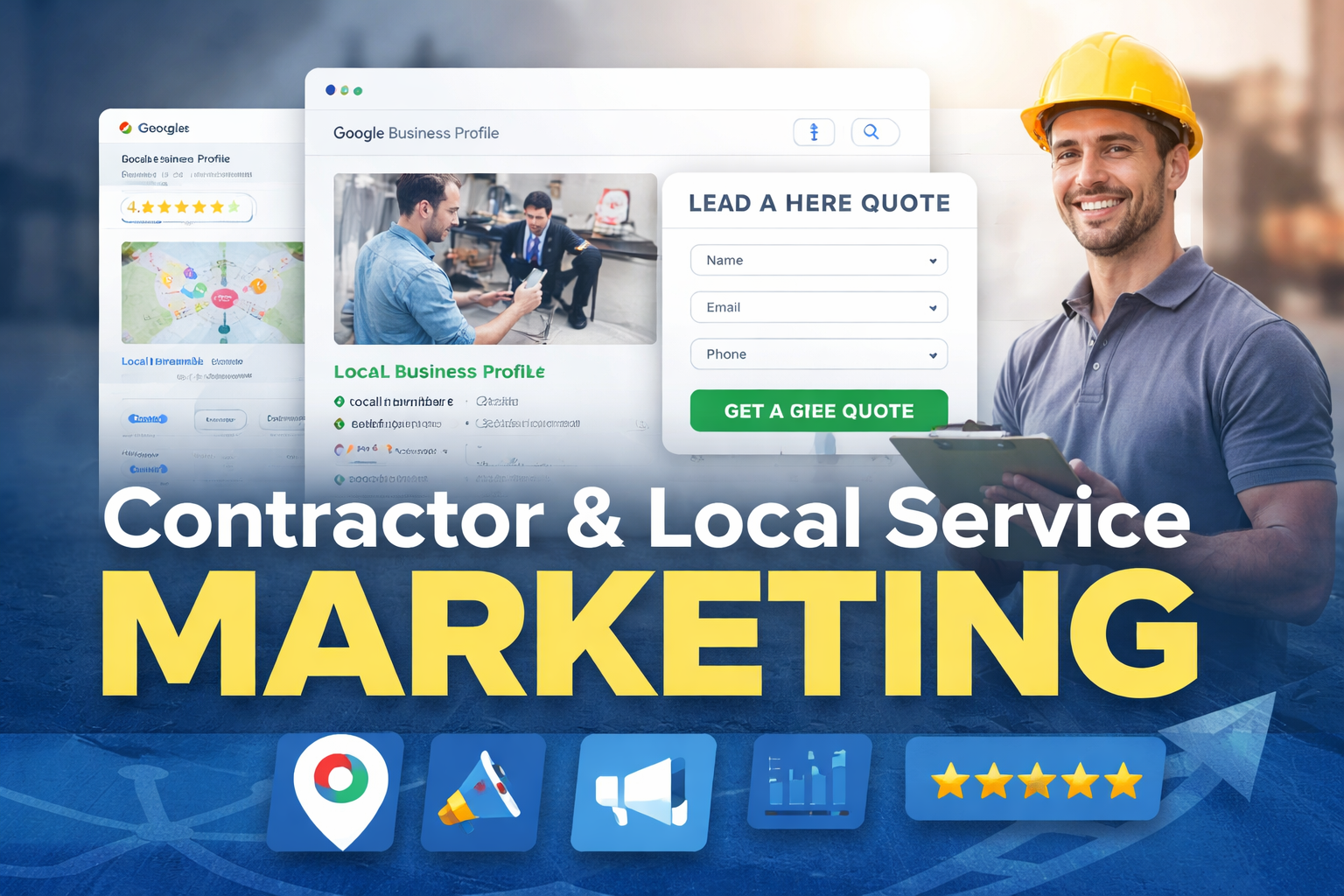 A professional in a hard hat holding a clipboard next to digital marketing tools and a