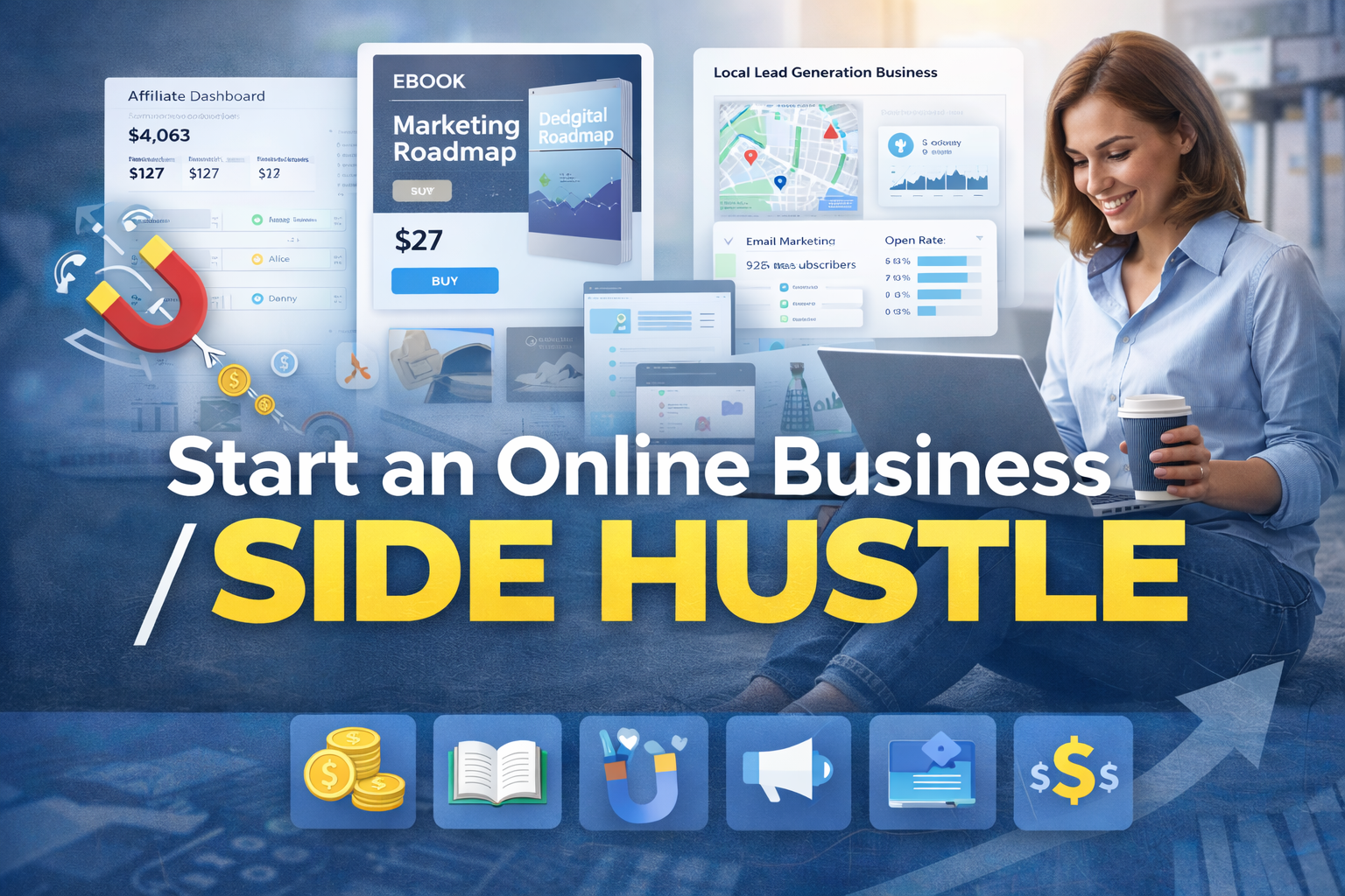 Woman with laptop, smiling, starts online business/side hustle. Graphic with money, book, magnet, megaphone, ads.