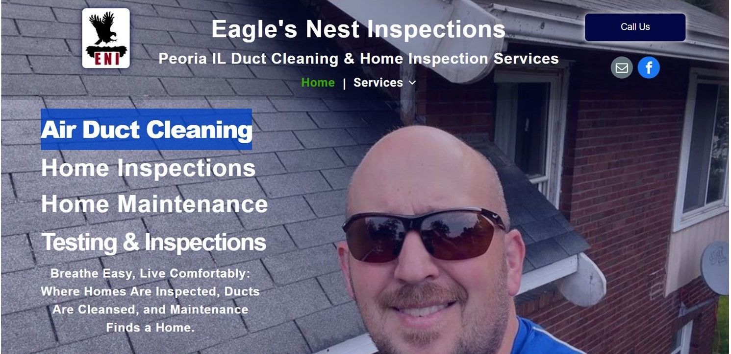 Eagle's Nest Inspections website banner with smiling man, services text, and home exterior background
