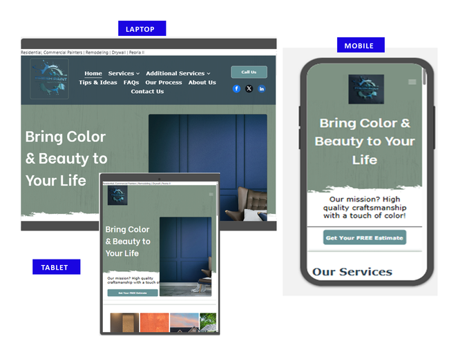 Website displayed on laptop, tablet, and mobile devices, showcasing color and beauty services.