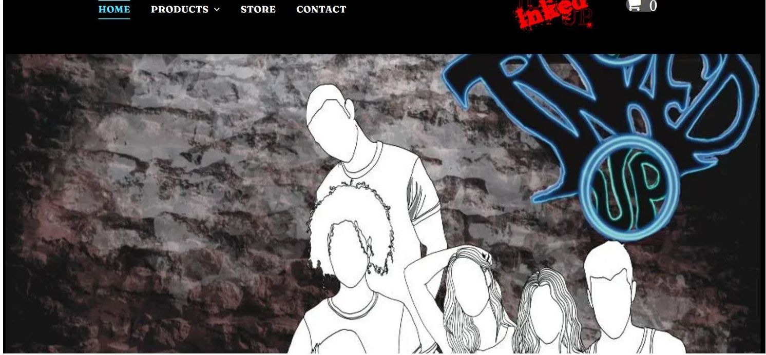 Website header with sketched figures in front of a brick background, neon blue logo in the top right.