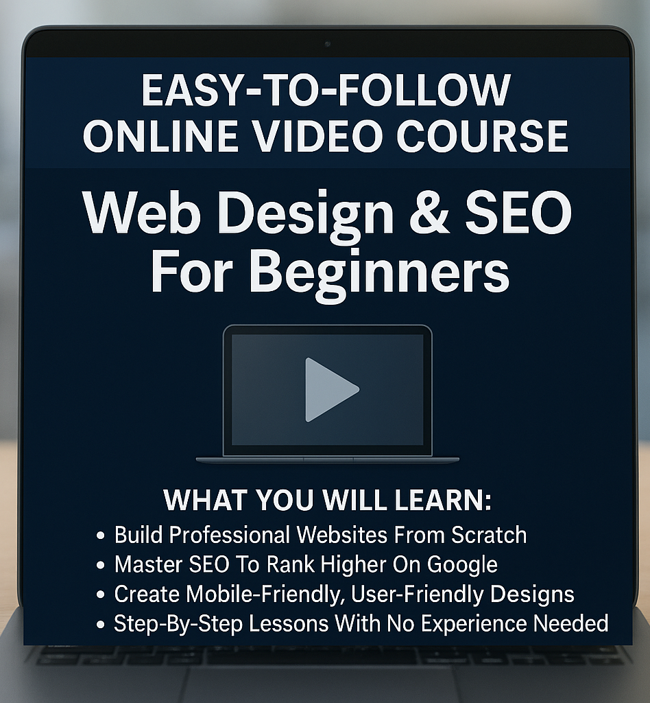 Laptop screen with an online course ad: Web Design & SEO for Beginners.