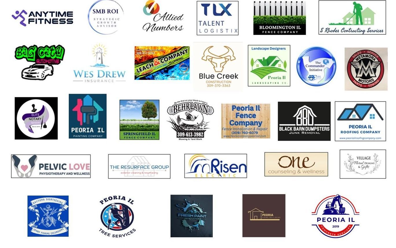 Logos of various businesses, including fitness, talent, agriculture, and real estate, arranged in a grid.