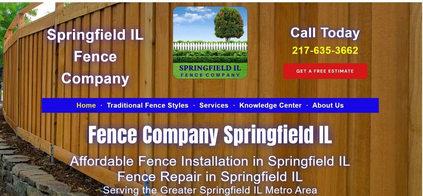 Website header for Springfield IL Fence Company, featuring a wooden fence and contact information.