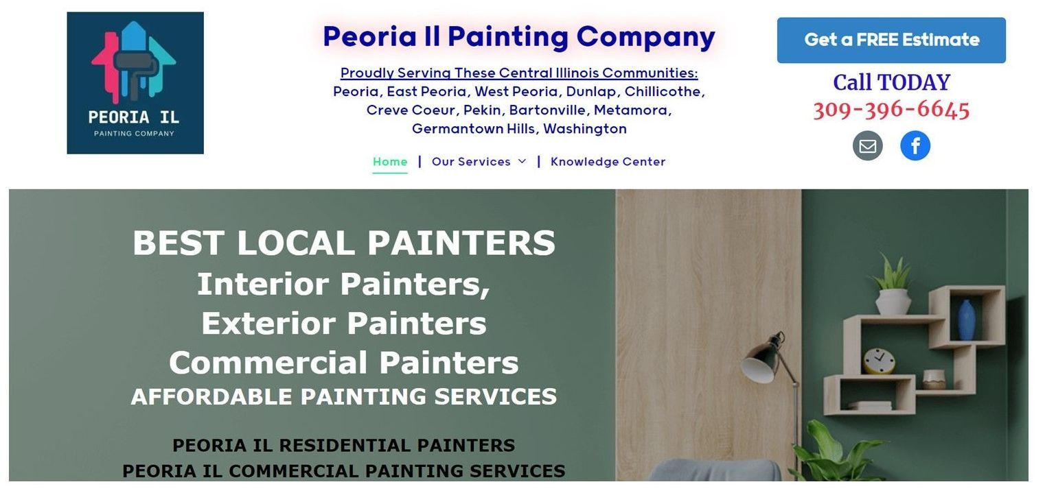 A website advertisement for Peoria II Painting Company. It features text, a logo, and an image of interior design.